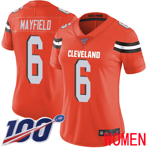 Cleveland Browns Baker Mayfield Women Orange Limited Jersey #6 NFL Football Alternate 100th Season Vapor Untouchable->women nfl jersey->Women Jersey